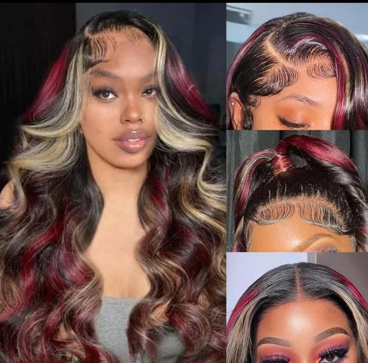 28 inch , lace front 13x4 premium synthetic multi color wig