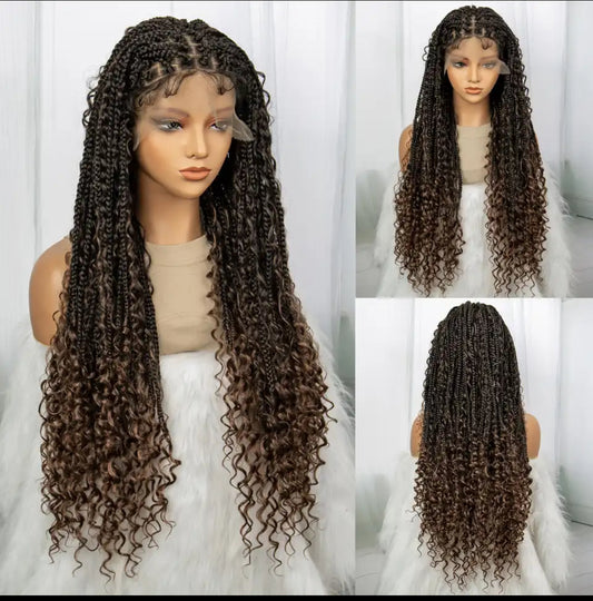 Synthetic Lace Front Knotless Box Braided Wigs for Black Women Lace Frontal Braiding Hair Wig with Curly Ends
