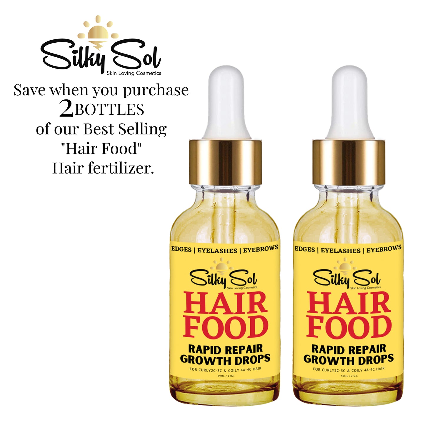 Silky Sol's Hair Food Liquid Vitamin drops infused with Vitamin D and Zinc, extra strength to thicken, grow, and thin hair quick 2-Pack  2oz bottles